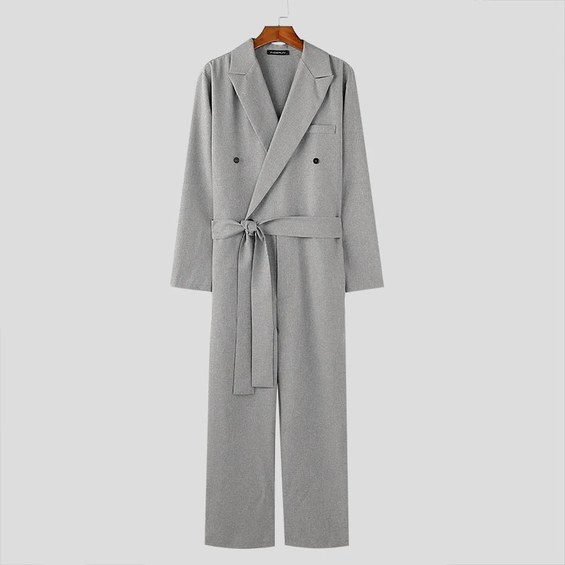 INCERUN 2024 American Style Fashion Jumpsuit Casual Men's Suit Neck Double Breasted Jumpsuits Long Sleeved Casual Rompers S-5XL