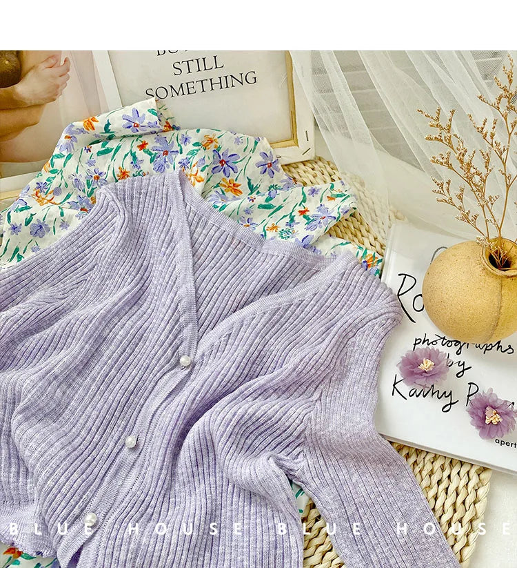 Women 2026 Spring Summer Short Pearl Button Thin Casual Coat Gentle Ruffle Trim Long Sleeve Ice Silk Sunscreen Knitted Cardigan