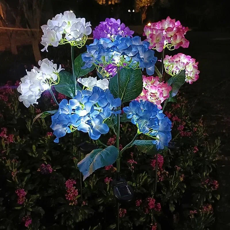 Garden Summer Home Weddig Holiday Decor 3 Heads Artificial Hydrangea Flower Landscape Ground Lights Outdoor Solar LED Lawn Lamp