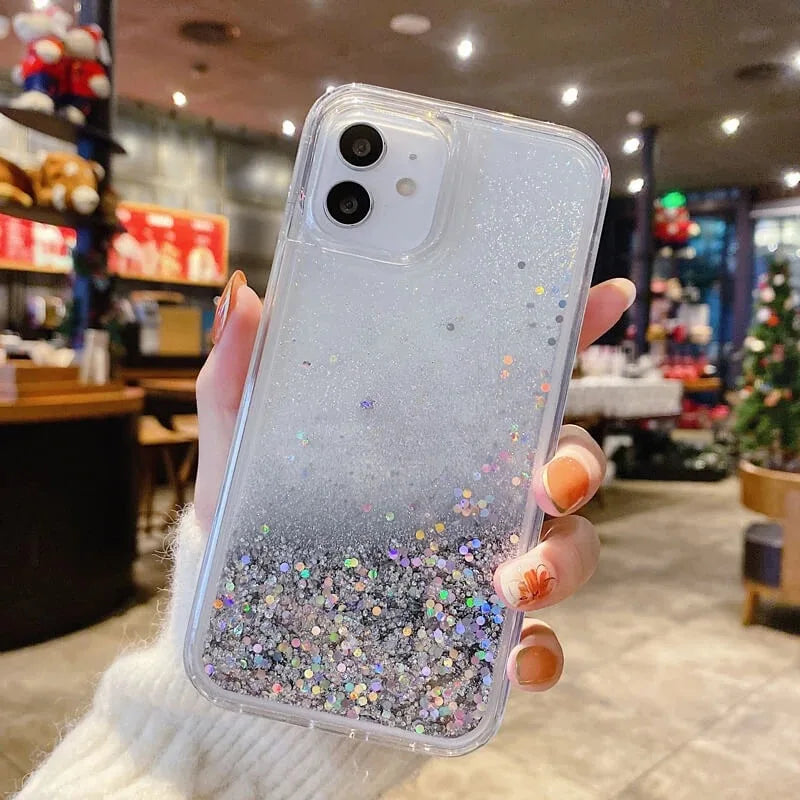Sequins Transparent Liquid Phone Cover for iPhone 15 14 16 Pro Max Case Shell Dynamic Floating Dots Hard Funda Quicksand Carcasa