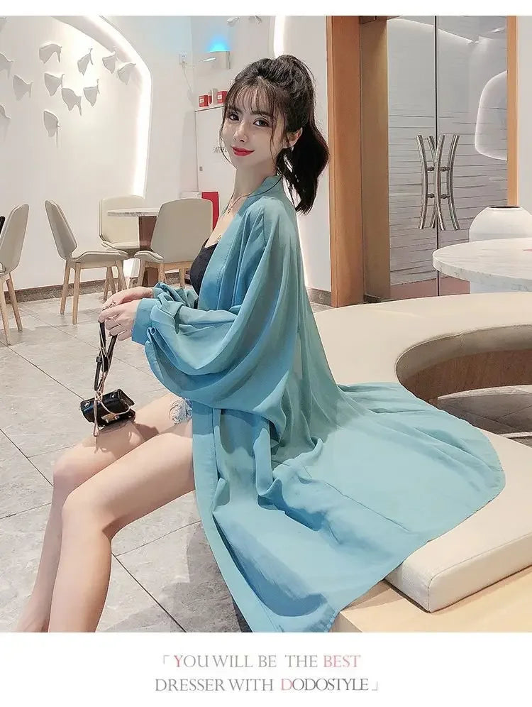 Long Shirts Women Summer Girls Sunscreen Clothing Seethrough Thin Loose Solid Simple Leisure All-match Korean Style Chiffon Tops