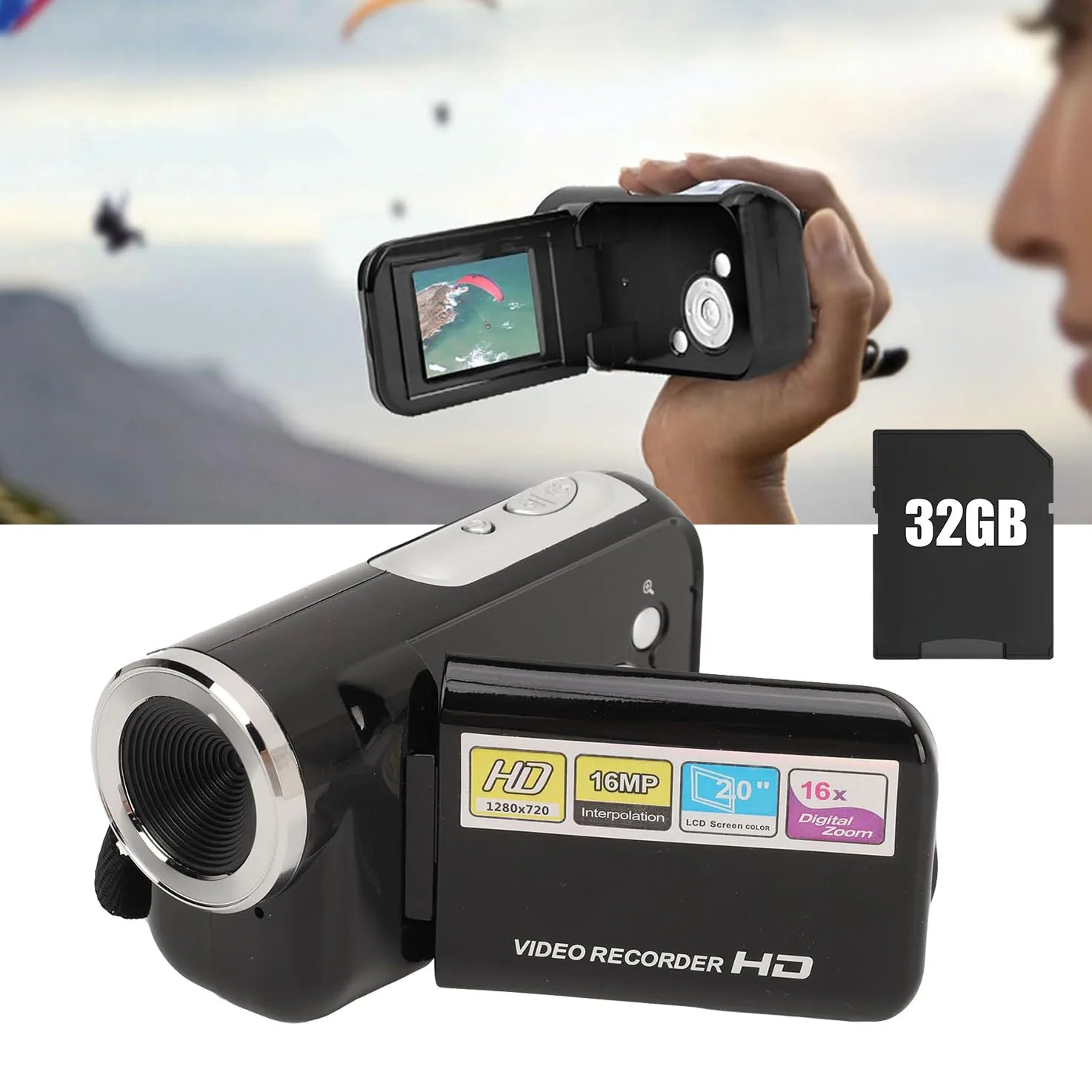 MiniDV Digital Video Handheld Camcorder is a high-definition camcorder with a sleek silver designdigital zoom