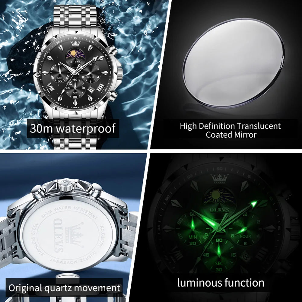 OLEVS 3653 Luminous Chronograph Stainless Steel Quartz Watch for Men Waterproof Sports Calendar Date Wristwatches Reloj Hombre