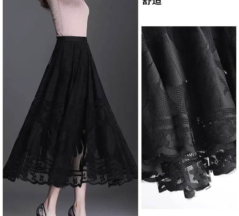 Lace Skirt for Women New Style Popular Versatile A-line Midi Skirt for Large Mesh Hollow Fairy Pleated Skirt