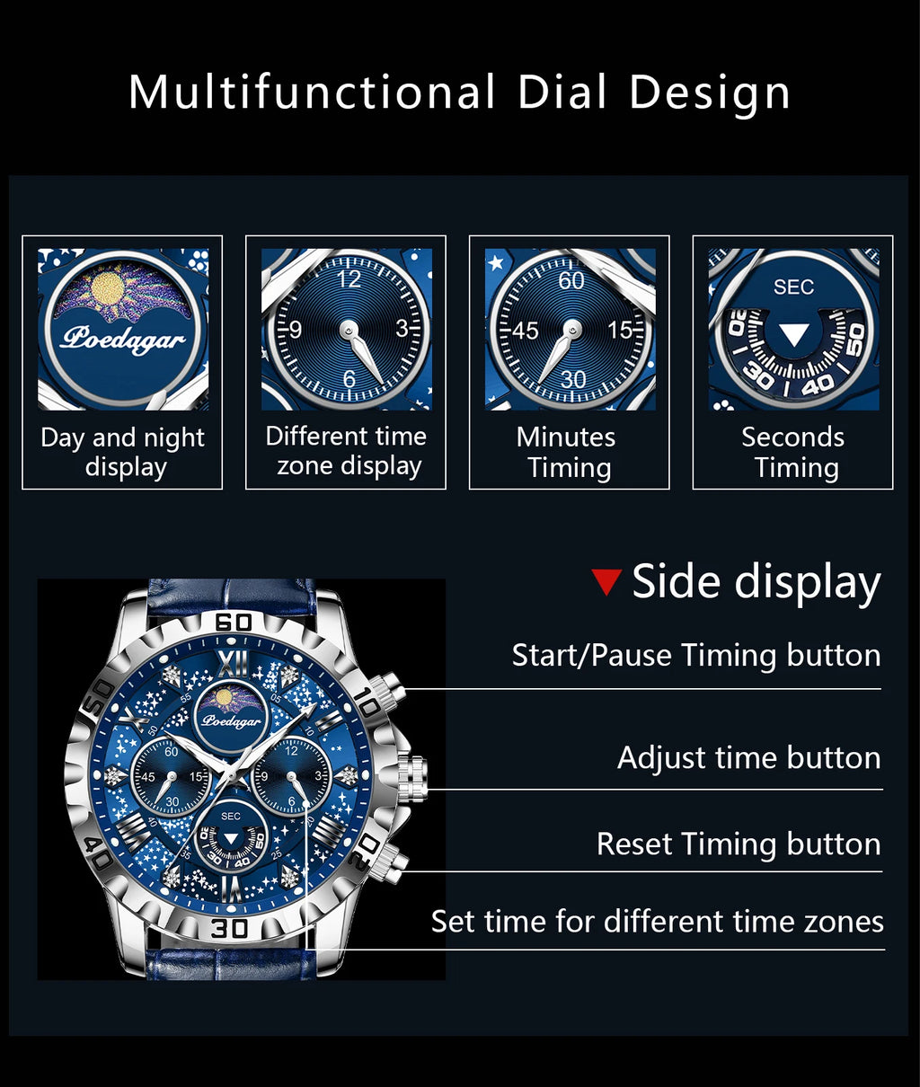 POEDAGAR Original Military Man Wristwatch Waterproof Luminous Chronograph Leather Strap Watches For Men Quartz Men's Watch Reloj