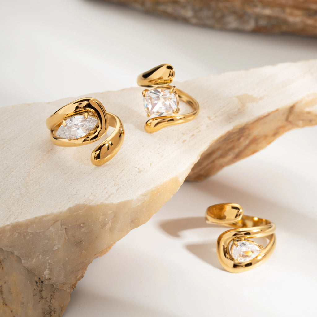 18K Gold Plated Stainless Steel Water Drop Shaped Large Zircon Opening Ring Anti Allergic Women Waterproof Statement Jewelry