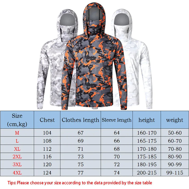 Camouflage Fishing T-shirt with Face Mask Long Sleeve Ice Silk Summer Fishing Shirt Breathable Sunscreen Hooded Fishing Top