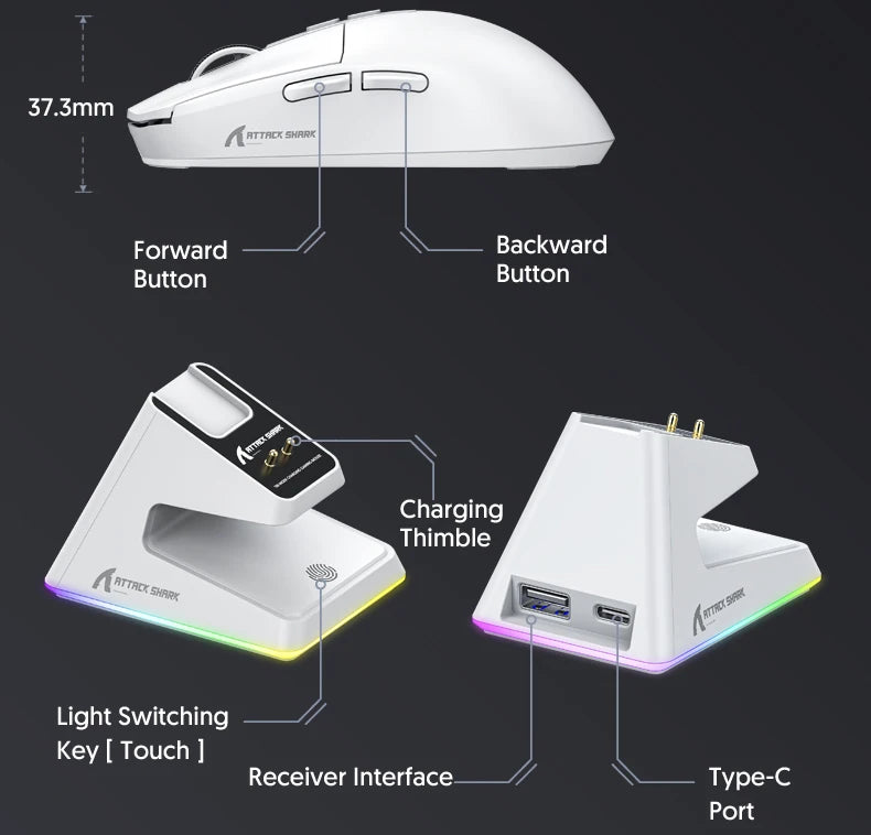 Attack Shark X6 Wireless Gaming Mouse Bluetooth Tri-Mode Connection,RGB Touch Magnetic Charging Base PAW3395 Macro Gaming Mouse
