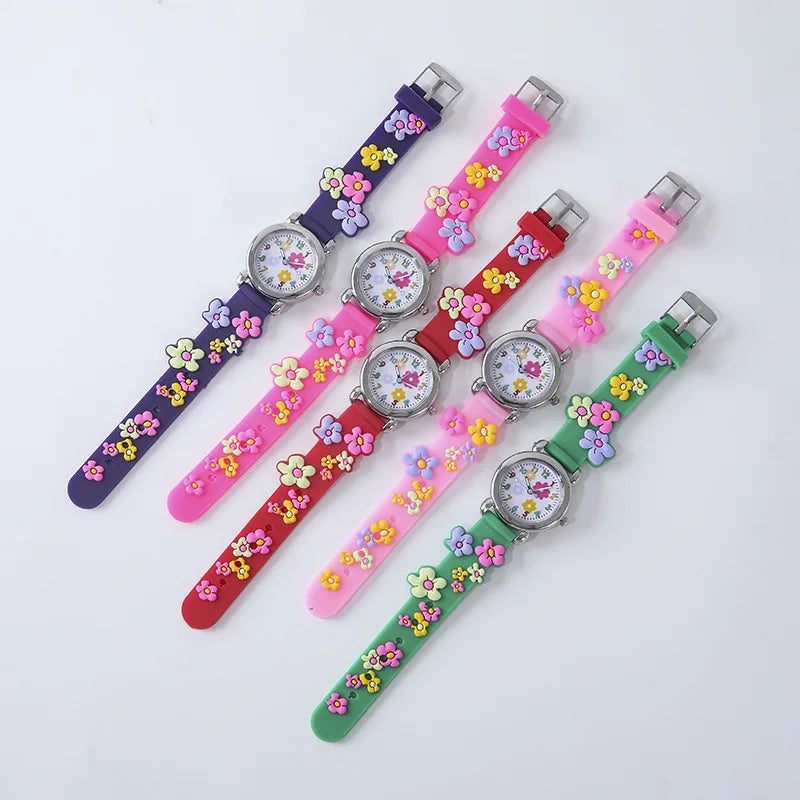 Cute Sweet Colored Flower Cartoon Watch, Pink Silicone Tape Quartz Cartoon Schoolgirl Watches Kid's Quartz Wristwatches