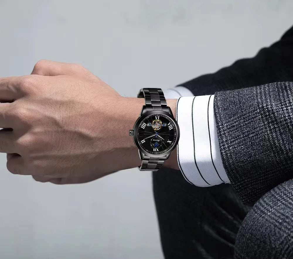 Forsining Men's Automatic Tourbillon Moon Phase Mechanical Watch Stainless Steel 3ATM Waterproof Luxury Design Business Style