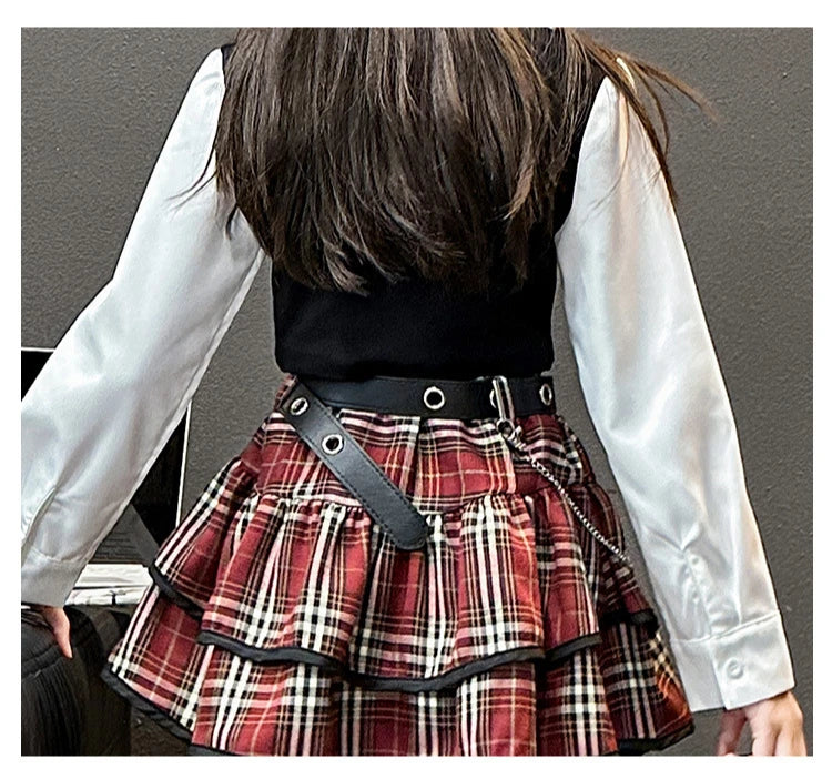 junior girls JK clothes Set Child Internet Celebrity Street Uniform suit Splicing shirt+checkered cake skirt+belt kids outfits