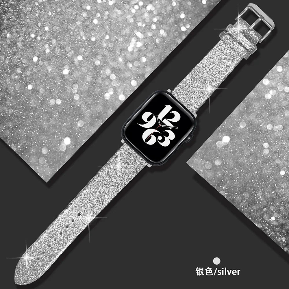 Glitter leather strap For Apple Watch Bands 44mm 40mm Ultra 2 49mm 41mm 42-38-45mm Shiny bracelet iWatch Series 9 8 7 6 5 4 3 SE