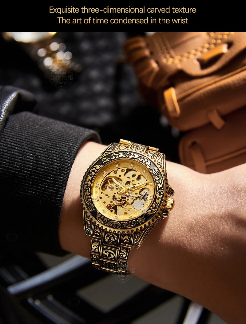 UTHAI M11 New Men watch hollowed out retro carved automatic mechanical watch cool clock gift，watches for man