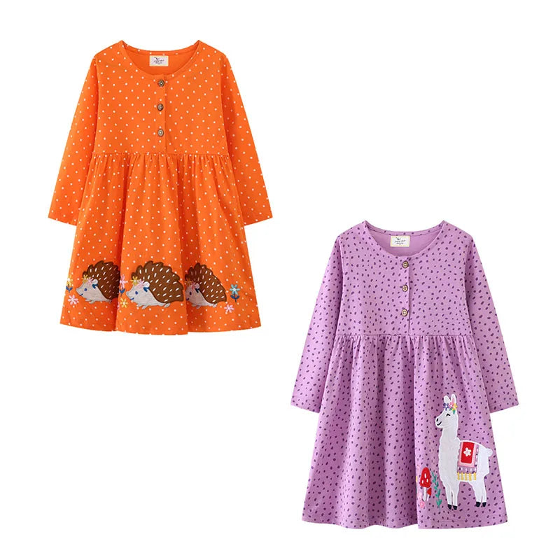 Jumping Meters 2-7T Princess Girls Dresses Buttons Hot Selling Long Sleeve Animals Baby Girls Clothes Party Kids Frocks Costume