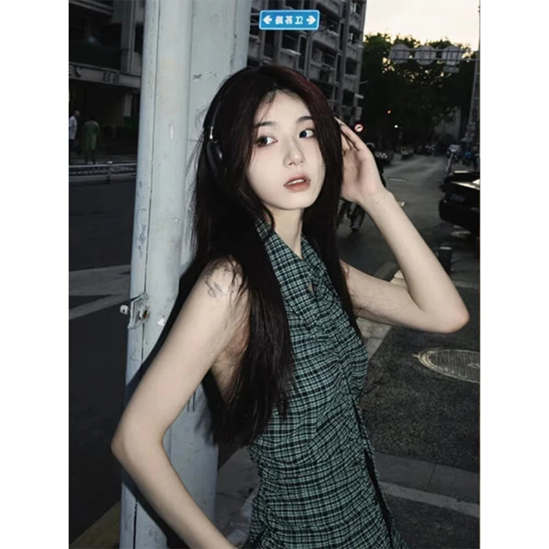 MEXZT Y2K Plaid Tanks Tops Women Vintage Sexy Halter Camis Summer Gyaru Harajuku Aesthetic Sleeveless Casual Design Clothes New