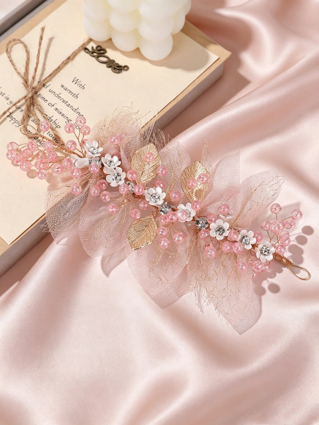Bridal Wedding Pearl Headpiece Hair Chain Hairband Hair Accessory Pink Tulle Pearl Headpiece Girls' Performance Hair Accessory