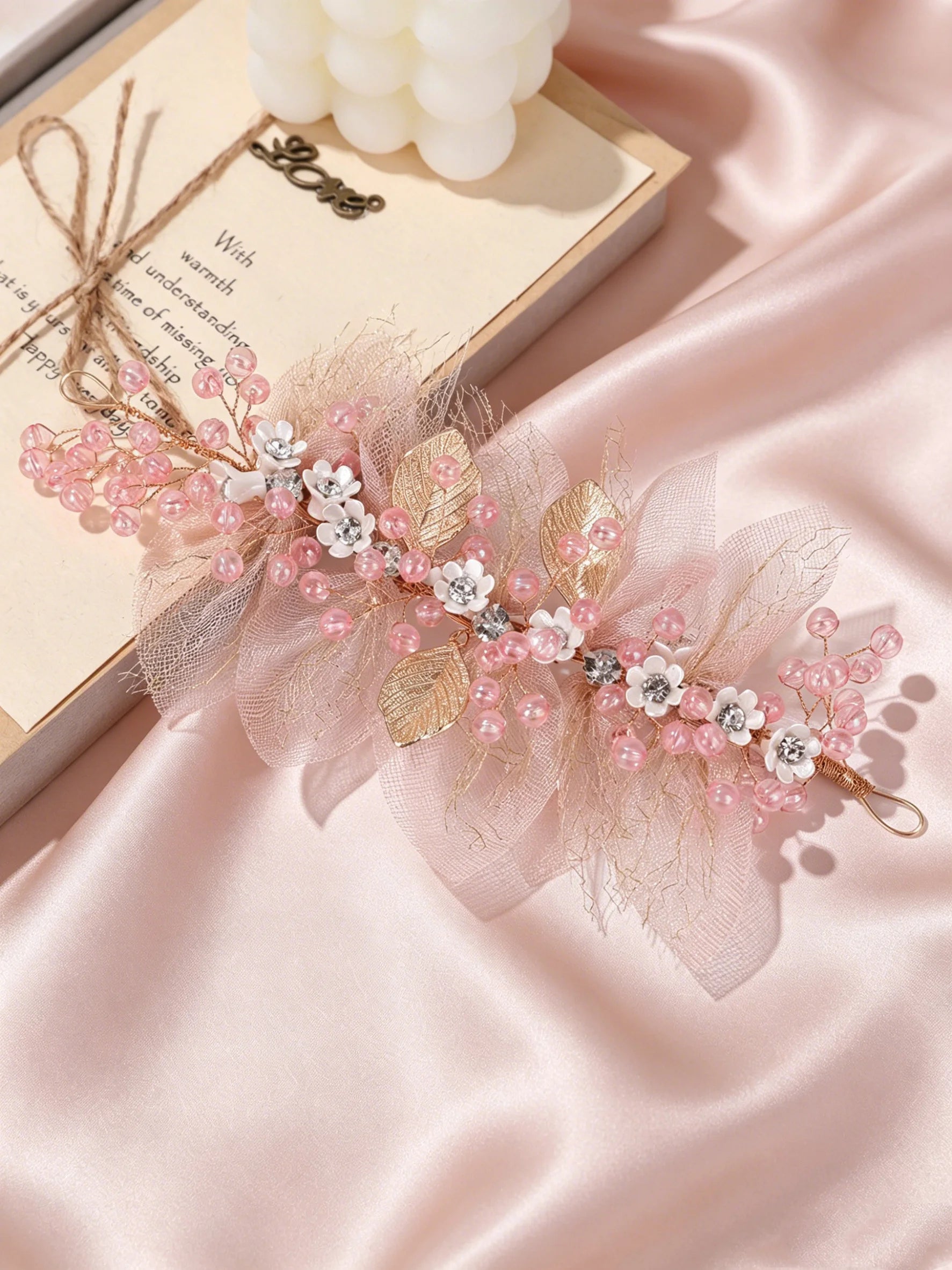 Bridal Wedding Pearl Headpiece Hair Chain Hairband Hair Accessory Pink Tulle Pearl Headpiece Girls' Performance Hair Accessory