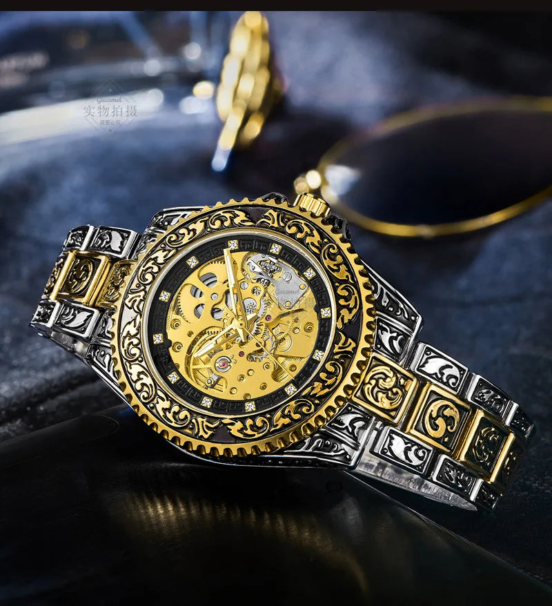 UTHAI M11 New Men watch hollowed out retro carved automatic mechanical watch cool clock gift，watches for man