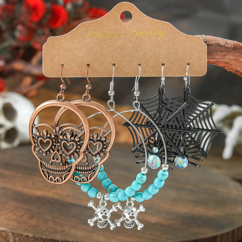 Halloween Dangle Earrings Set Creepy skull Face Mask Cobweb Imitation of Human Skeleton Creative Ear Jewelry Versatile Gifts