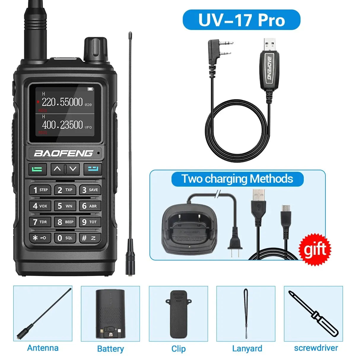 Baofeng UV 17 Pro Wireless Copy Frequency Walkie Talkie 16 KM Long Range Flashlight Type-C Charger Ham Radio UV 17 Pro L K5 5R