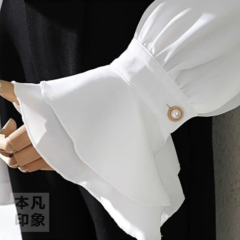 MEXZT Vintage White Shirts Women Elegant Ruffles Flare Long Sleeve Blouses Office Ladies Korean Single Breasted Design Chic Tops