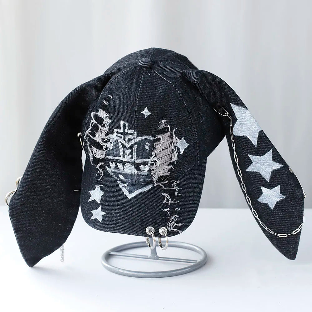 Designer Graffiti Devil Ears Denim Baseball Caps Men Women Autumn Personality Versatile Retro Ripped Style Hip Hop Men's Hat