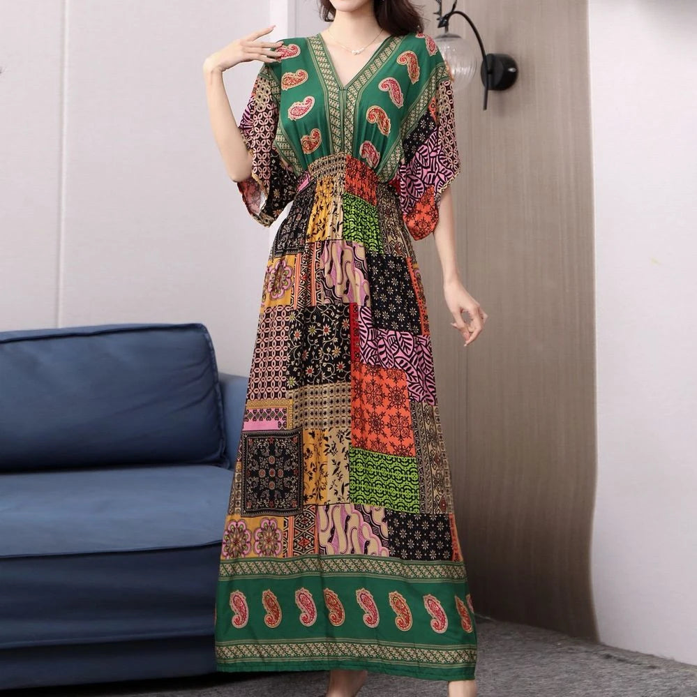 Boho Chic Short Sleeve Dress Slash Neck Elegant Women Dress Vintage Romantic Print Midi Dress Holiday Dress New Clothes Trend