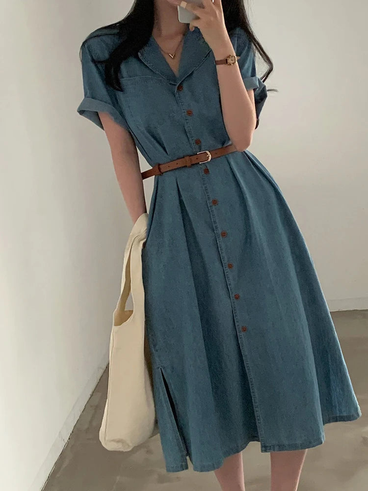 Slimming Chic Retro Chic Long Dr with Belt High Waist A-Line Skirt ort Sve Korean Sle Commute Dr Denim Dr