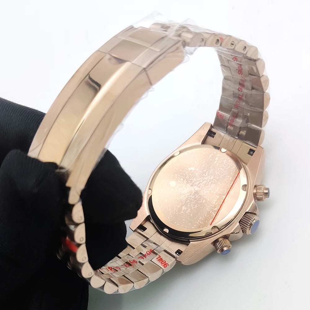 Luxury 39mm Rose gold Quartz Watch Men's Timing Sapphire Crystal VK63 Movement Calendar Luminous Blue Dial Stainless Steel Stra