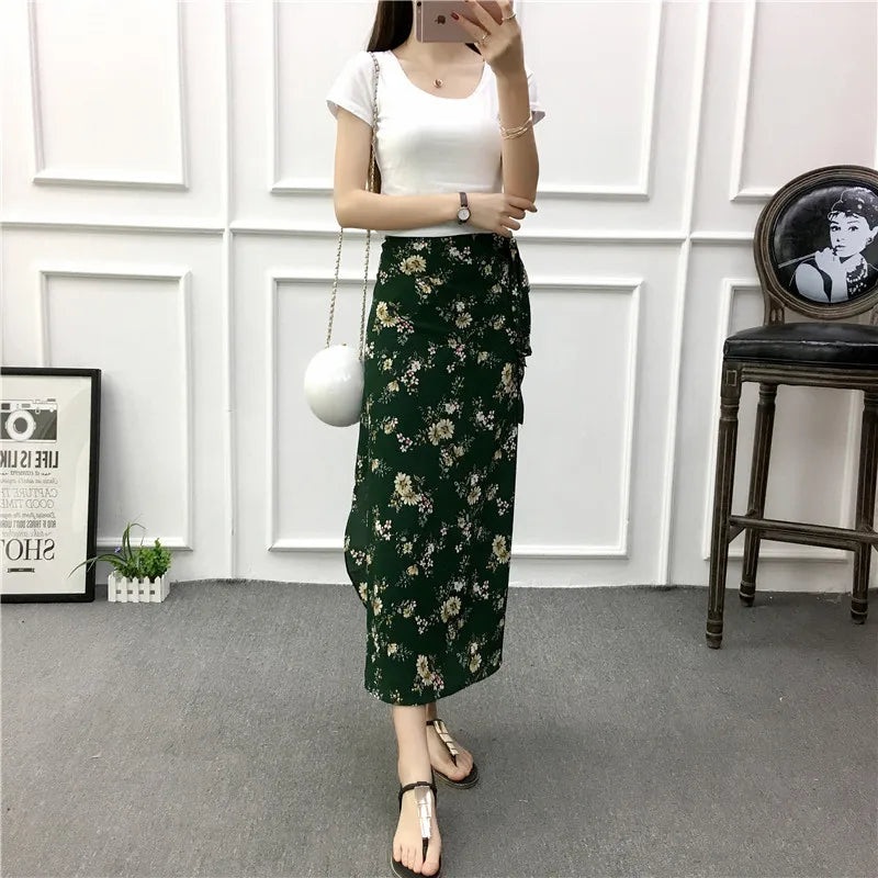 Vacation Style Wrap Skirt Beachside Long Skirt Women's High Waist A-Line Midi Skirt Floral Print One-Piece Summer Spring