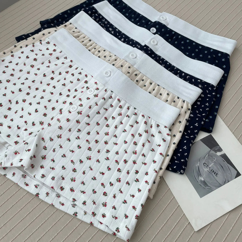 Floral Eyelet Cotton Boy Shorts Woman Summer Three Buttons Patchwork Elastic Waist Straight Short Pant Sweet Cute Home Underwear