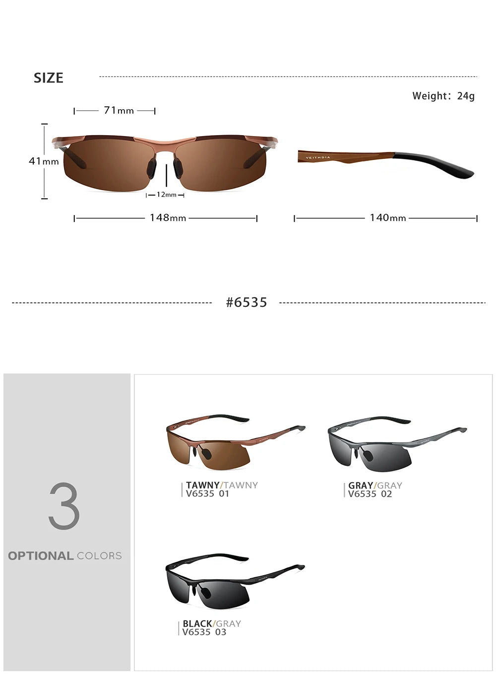VEITHDIA Men Sunglasses Aluminum Magnesium Polarized UV400 Lens Rimless Driving Fishing Sun Glasses Sports Eyewear For Male 6535