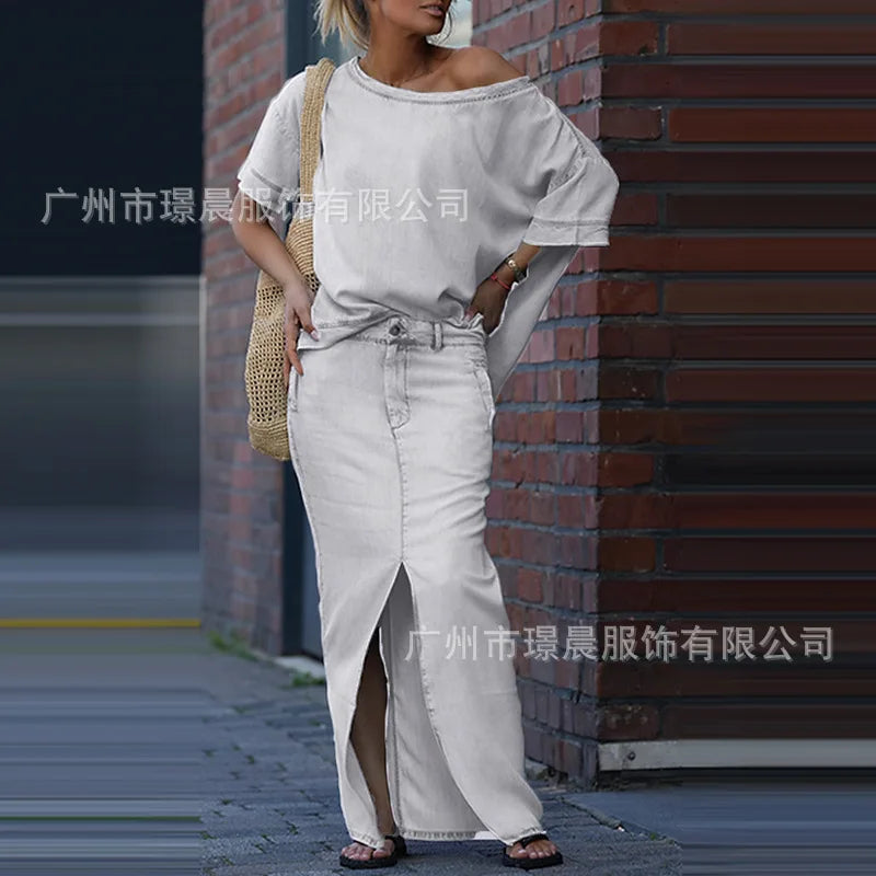 Denim Blue Fashion Split Skirt 2 Piece Set Casual Loose Off-the-shoulder Top + Slim Elegant Pencil Skirt Two-piece Set Women's
