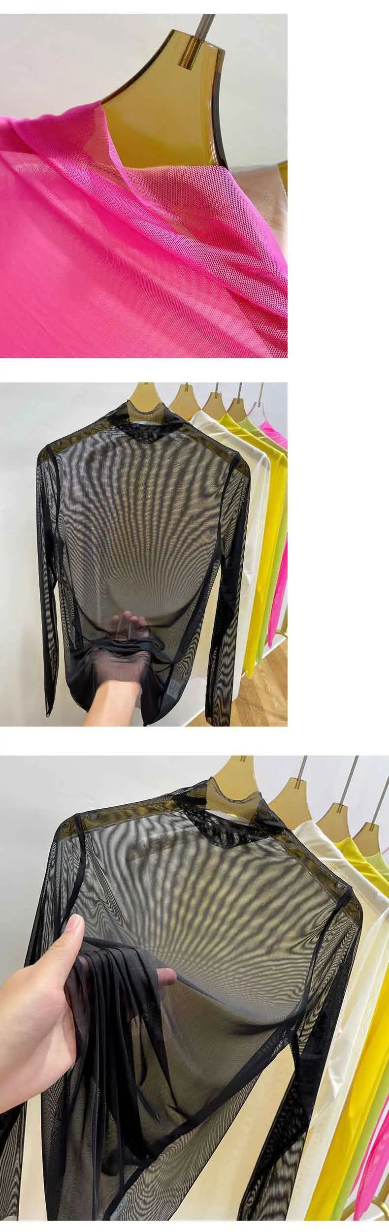 Transparent Gauze Bottoming T-shirt Women Clothing Summer Long Sleeved T-shirt with Gauze Shirt Half High Collar Sunscreen 2023