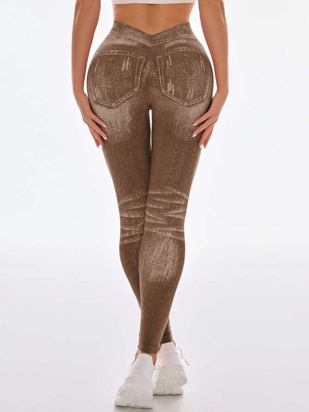 Women's Gym Printed Yoga Tight Pants Seamless High Waisted Denim-like Perforated Fake Pocket Tight Pants Yoga Fitness Leggings
