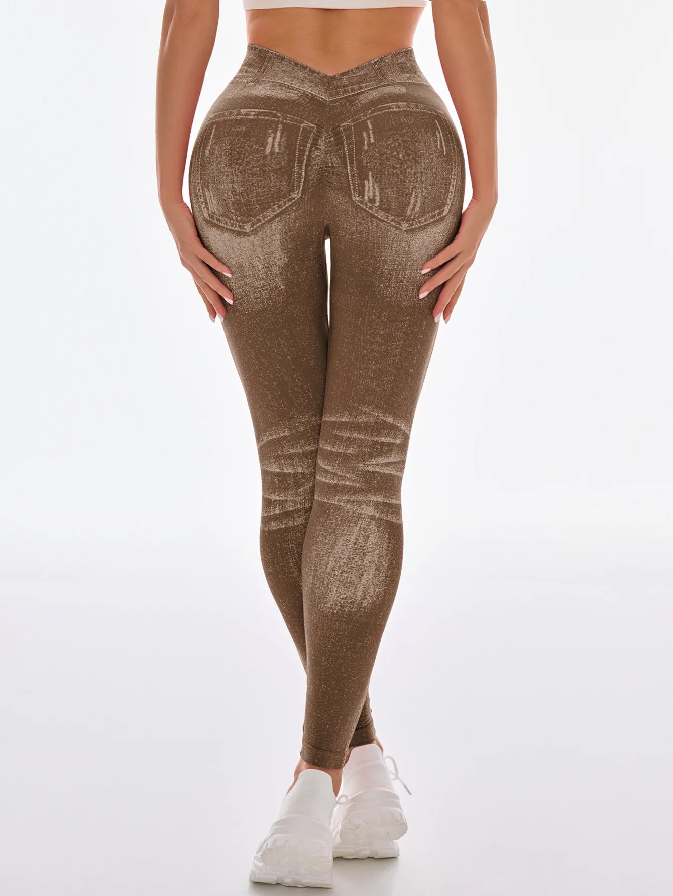 Women's Gym Printed Yoga Tight Pants Seamless High Waisted Denim-like Perforated Fake Pocket Tight Pants Yoga Fitness Leggings