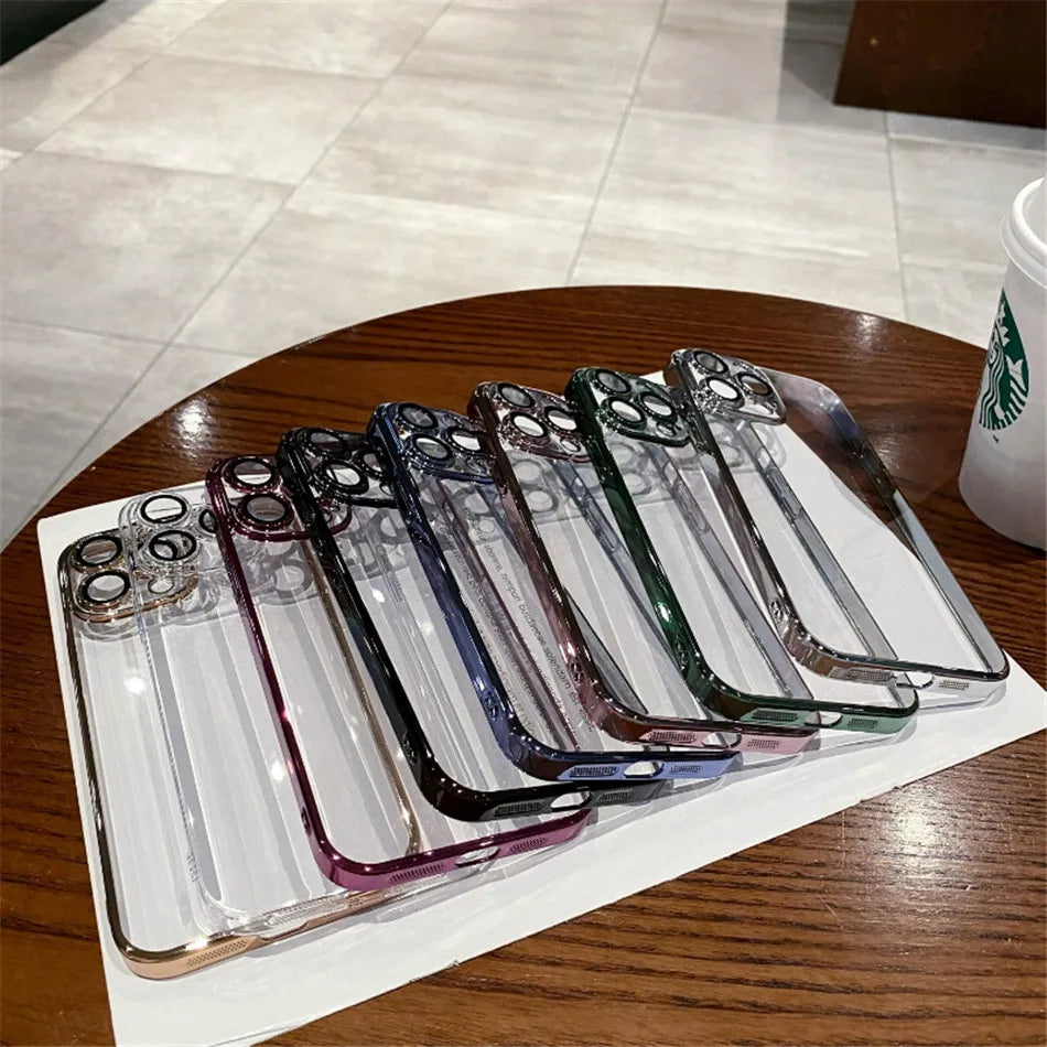 Luxury Plating Clear Silicone Case For iPhone 15 14 13 12 11 Pro X XR XS Max 7 8 Plus SE Mini Shockproof Transparent Soft Cover