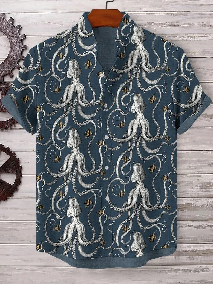 Fashion Men's Casual Sea Life Graphic Short Sleeve Shirt Button Down Lapel Shirts Oversized Tops Casual Hawaiian Shirt for Man