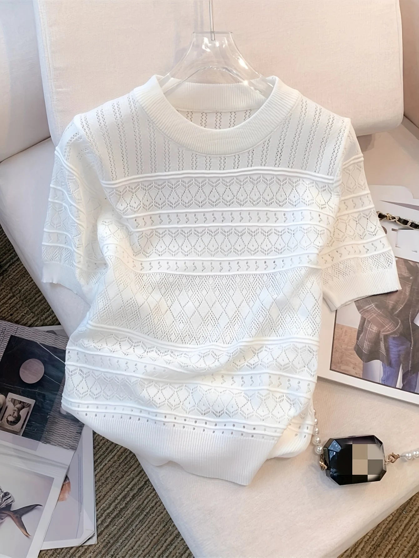 2026 New  Summer Thin Hollow Out Crew Neck Pullover Sweater Versatile Short Sleeve Knitted Top For Spring & Women's Clothing
