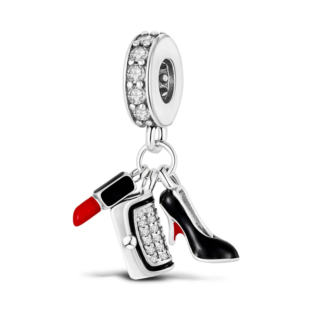 925 Silver Lipstick High Heels Charms For Lady Pendant Fit Original Bracelet DIY Ornament