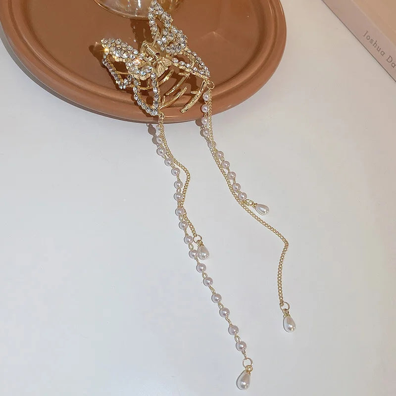 DREJEW Butterfly Hairbands for Women Rhinestone Crystal Long Tassel Chain Headband Simulated Pearl Headwear Hair Accessories