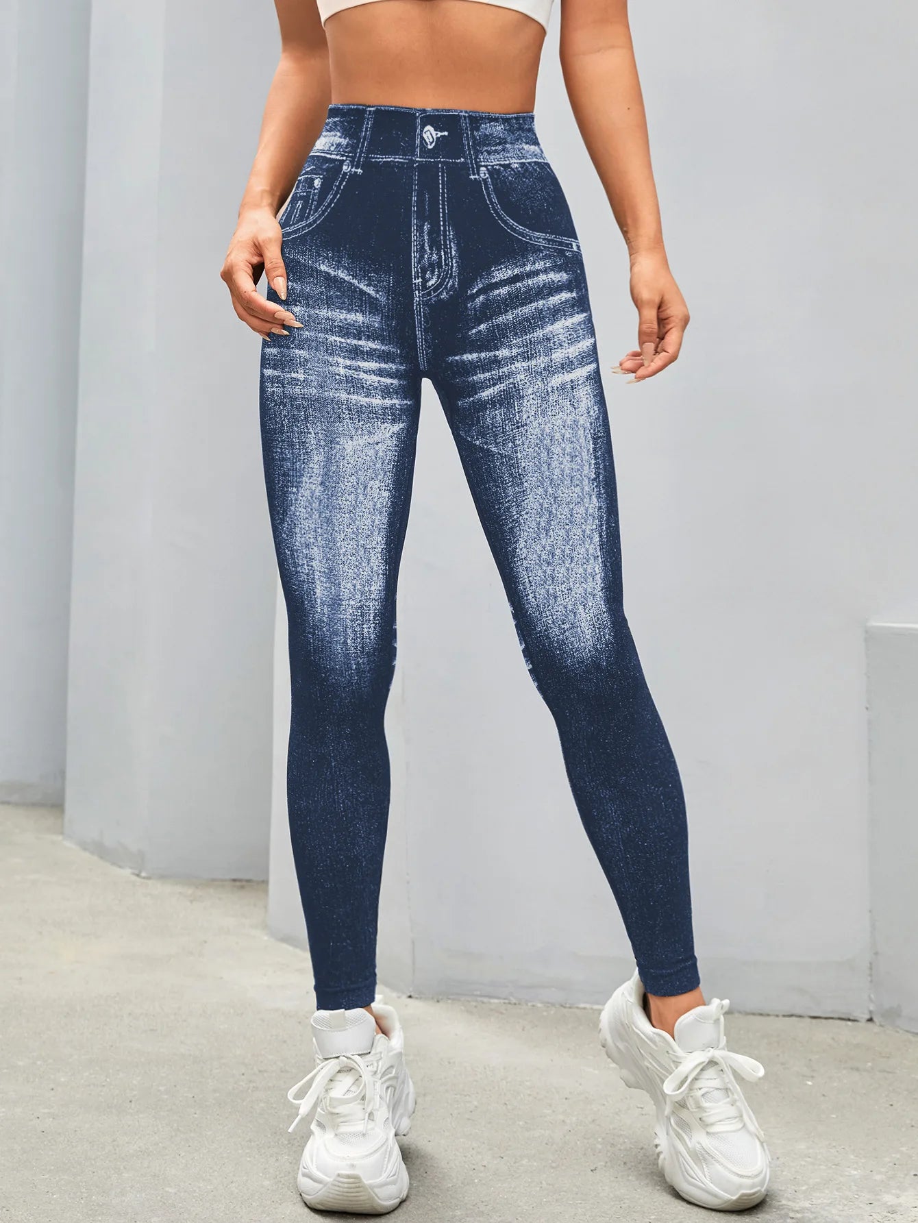 Women's Gym Printed Yoga Tight Pants Seamless High Waisted Denim-like Perforated Fake Pocket Tight Pants Yoga Fitness Leggings