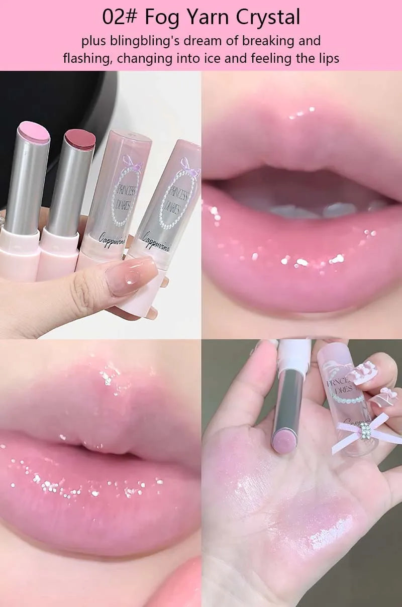 Pink Crystal Mirror Glass Solid Lip Gloss Round Tube Water Light Jelly Lipstick Moisturizing Clear Lip Glaze Nude Brown Lip Tint