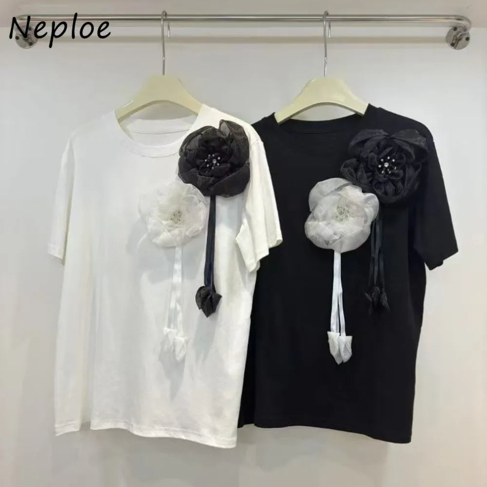 Neploe Advanced Fresh Loose Literary Shirt Women All-match Soft Simple Commuter Blouses 3D Flower Korea Chic Literary New Blusas