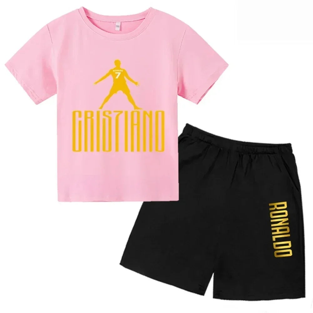 Summer CR7 Star Print Kids T-shirt Top and Shorts 2pcs Set Boys/Girls 3-13Y Children Clothes Sunshine Casual Fashion Sportsuit