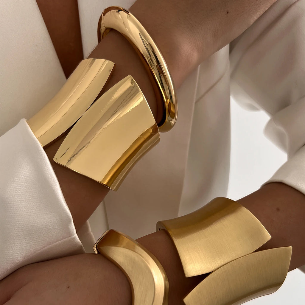 Salircon Exaggerated Vintage Geometric Wave Shape Open Spring Bangles Bracelet Woman Trending Punk Heavy Metal Bracelet Jewelry