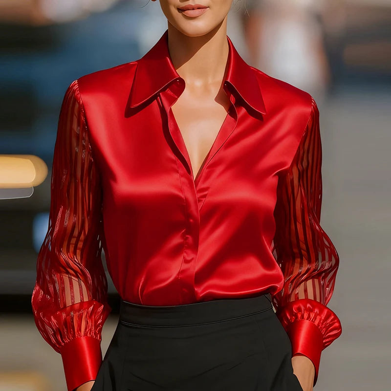 Elegant Blouses For Women Spring Autumn Satin Shirt Women Fashion Flare Long Sleeve Button Silk Blouse All Match Office Lady Top