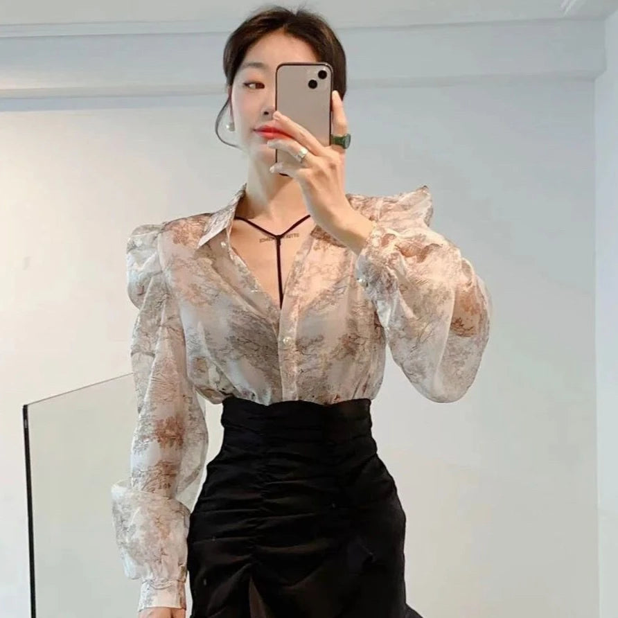 2023 Blusas Mujer De Moda Floral Sweet Blouses for Women Loose Puff Sleeve Turn Down Collar Shirts Summer Vintage Elegant Tops