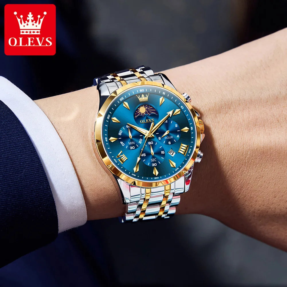 OLEVS 3653 Luminous Chronograph Stainless Steel Quartz Watch for Men Waterproof Sports Calendar Date Wristwatches Reloj Hombre