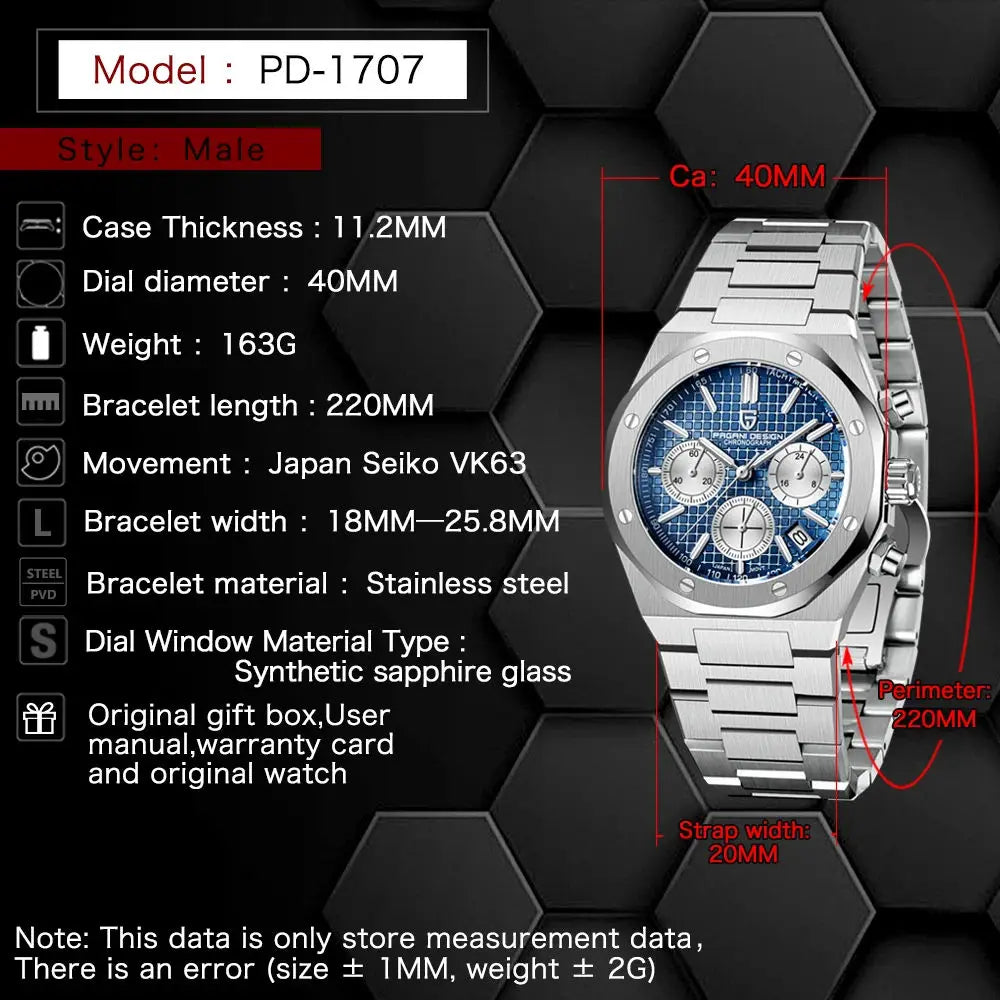 PAGANI DESIGN New VK63 Men'S Quartz Watch 40mm Sapphire Stainless Steel Waterproof 20bar Luminous C3 Sports Chronograph